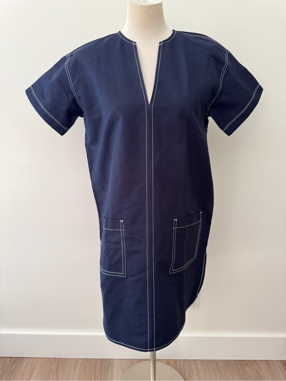 J.Crew Navy Patch Pocket Pullover Cotton Shift Dress XS Contrast Stitch Pockets